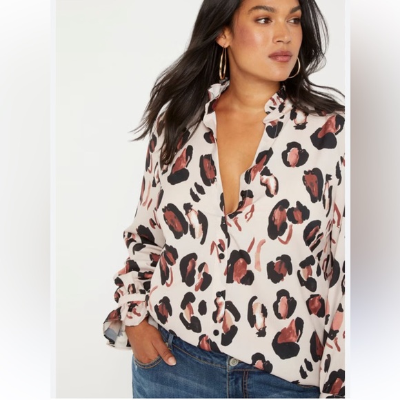 Eloquii Tops - ELOQUII Womens Printed Button Up Top Size 14 Ruffle Neck Long Sleeve Office
